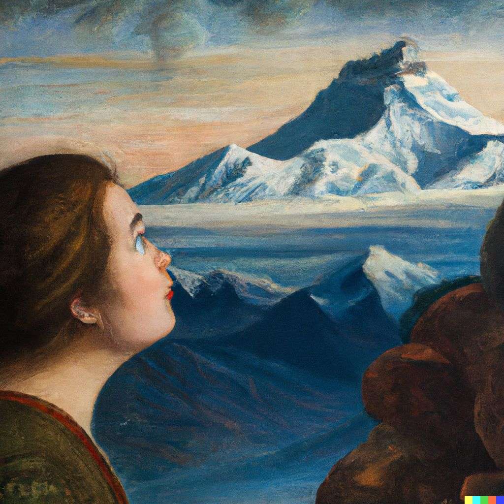someone gazing at Mount Everest, painting from the 16th century